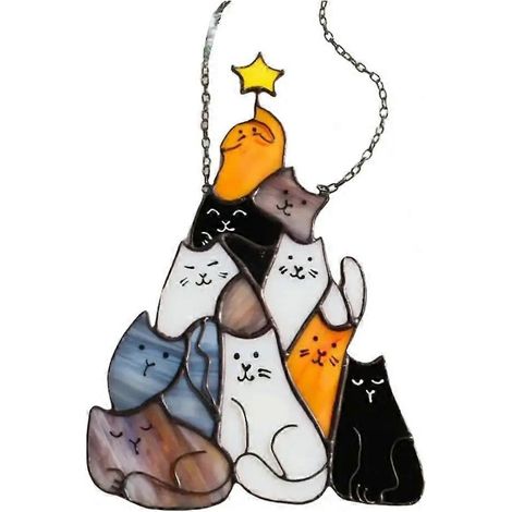 Katzen-Sonnenfänger für den Weihnachtsbaum, gestapelte Acrylkätzchen, farbenfrohe Weihnachtsfensterdekoration (1/5)