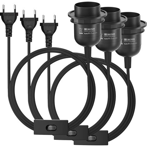 3 supports de lampe E27 avec interrupteur avec fiche, douille E27 noire avec anneau à vis de câble de 3,5 m - Cuisine, salon et chambre d'enfant - Noir (1/5)