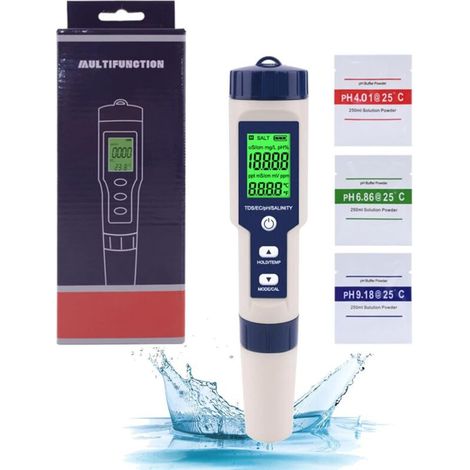 Pool pH Probe, Salinometer for Pool Water, 5 in 1 TDS/EC/Salt Meter/Thermometer/PH Water Quality Tester, Digital Water Quality Monitor, Pool Water Quality Tester (1/5)