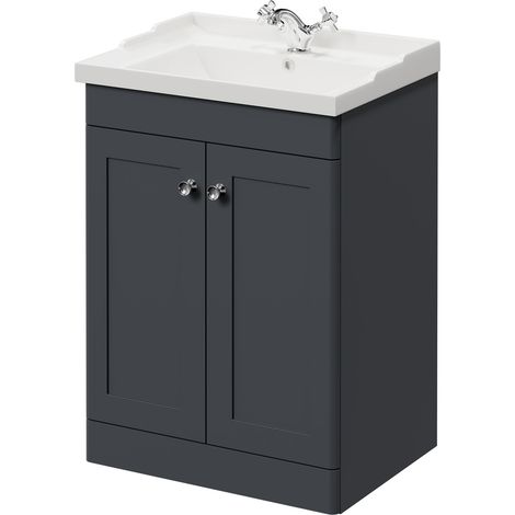 Wholesale Domestic Danbury Satin Anthracite 600mm Floor Standing Vanity Unit with 1 Tap Hole Traditional Basin and 2 Doors with Polished Chrome Handles (1/5)