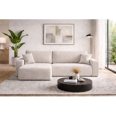 Divano angolare reversibile PIANIOO XL trasformabile – Velluto a coste bianco, ampio vano contenitore, funzione letto, angolo universale sinistro/destro, comfort ed eleganza