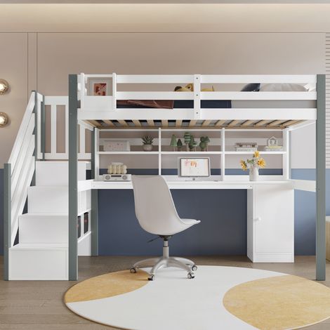 Bett Halbhohes Bett 90x200 Stauraumleiter Weiß Grau HAVRYA (1/5)