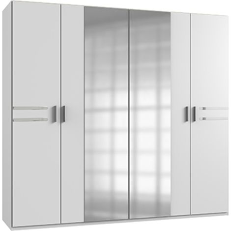 Pegane – Armoire de rangement 4 portes coulissantes – Coloris blanc – Longueur 225 cm x Hauteur 210 cm x Profondeur 58 cm – 2 miroirs et penderies
