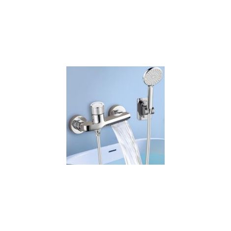 Juego de grifería para bañera con manguera flexible y grifo de cascada mural (plateado) - Crezuo (1/4)