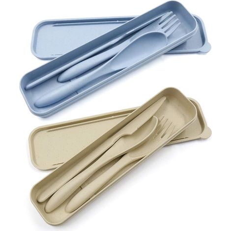 Couverts Portables - En Paille De Blé - Pour Voyage Pique-Nique Camping Bureau - Lot De 2 Pièces - Beige Et Bleu