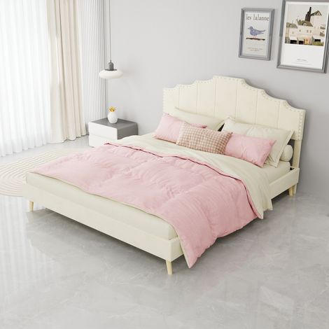 Cama tapizada 160x200 cm, cabecero geométrico, estructura de lamas, montaje sencillo, tejido y metal beige (1/5)