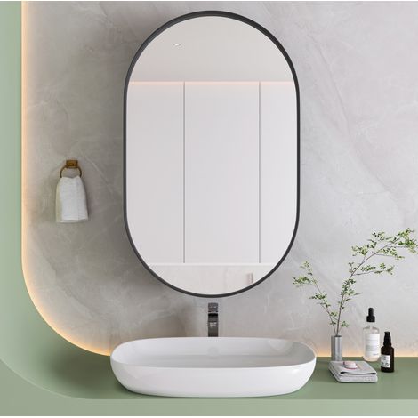 Armoire miroir ovale noire en métal avec étagères réglables et pose murale ou encastrée (1/5)
