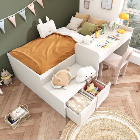 Kinderbett mit Schreibtisch und Schubladen 90x200 Weiß OKMYHOME (1/5)