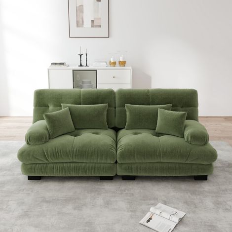 Divano modulare a 2 posti 220x77x81 cm - Tessuto chenille effetto cloud con 2 cuscini lombari e 2 decorativi - Verde