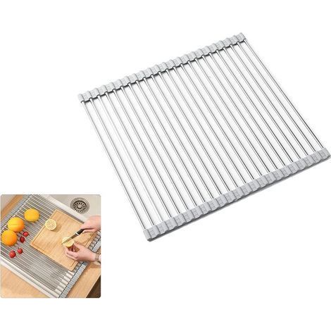 TAISHENGDA-Séchoir À Vaisselle Roll-Up, 100% sans BPA Pliable évier égouttoirs idéal pour Les Fruits, légumes, Assiette, Silicone recouvert d'acier Inoxydable, 37x41cm Gris (1/5)
