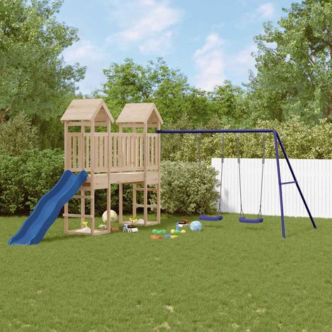 Aire de jeux extérieure en bois de pin massif avec balançoire et toboggan bleu, 67.84kg - PANGIVO (1/5)