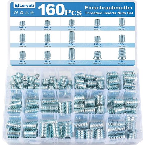 Paquet de 160 écrous M6/M8/M10, insert filetée en acier allié, douille filetée en zinc, hexagone intérieur, écrou pour meubles en bois. (1/5)