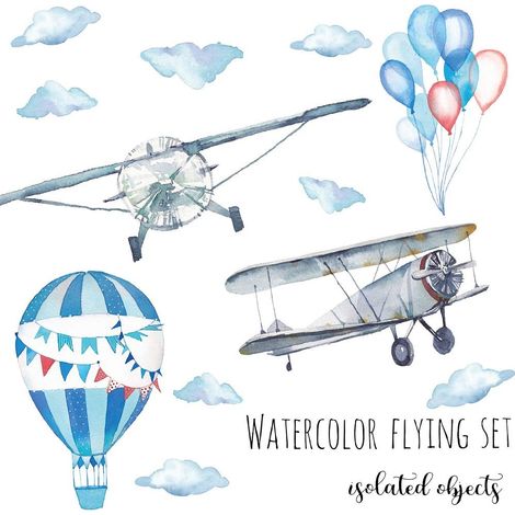 Sticker mural détachable aquarelle avion ballon nuage 3D décoration murale de lettres à faire soi-même (1/2)
