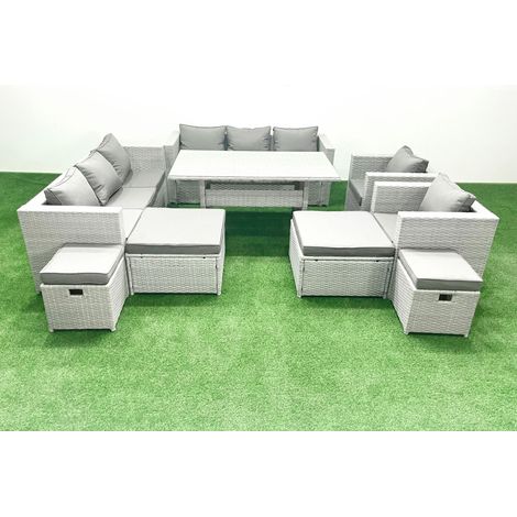 Fimous Rattan Gartenmöbel Essgarnitur 12 Sitzer Lounge Sofa Stuhl Esstisch Set mit 4 Hockern Hellgrau gemischt