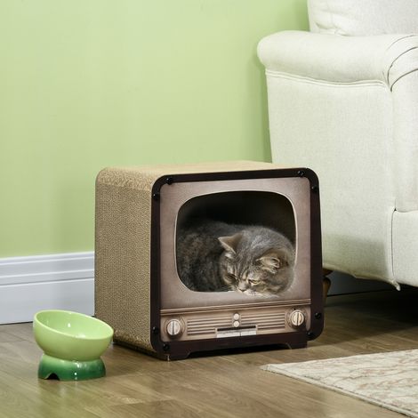 Griffoir pour Chat 2 en 1 en Forme de Téléviseur, Maison et Tapis à Griffer en Carton Ondulé, 39x29x37cm, Marron (1/5)