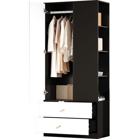 CHICFURN Armario con espejo 80 x 40 x 180 cm de aglomerado blanco y negro para dormitorio (1/5)