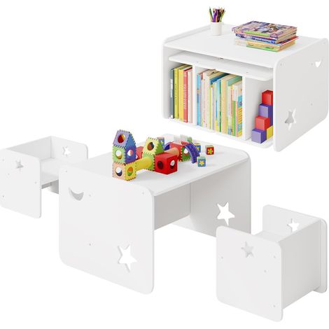 Woltu – Ensemble table et chaises pour enfant – 2 chaises – Meuble Montessori – MDF blanc – Dimensions table 66x53x42cm – Chaise 32,5x30x29cm