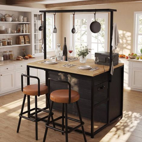 Îlot de cuisine avec 2 tabourets, meuble de cuisine avec prise électrique et tabourets de bar assortis, aspect bois/noir, pour cuisine et salle à manger (1/4)
