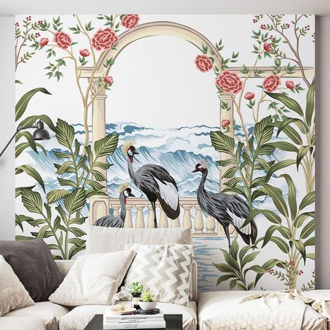 Papier peint panoramique - Fleurs Oiseaux - 130 cm x 130 cm (1/4)