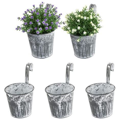 5 macetas colgantes de hierro estilo vintage con ganchos y asas, ideales para la decoración del hogar, balcón y jardín, con rejilla de 14 cm. (1/5)