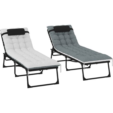 Lot de 2 bains de soleil, chaise longue pliante et inclinable, coussin, appui-tête, poche latérale, 60x190x31cm, gris