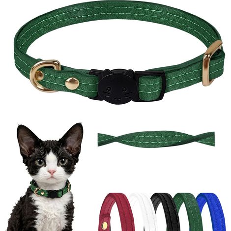 Collier Chat Anti-Étranglement, Cuir d'agneau Souple (Vert) (1/5)