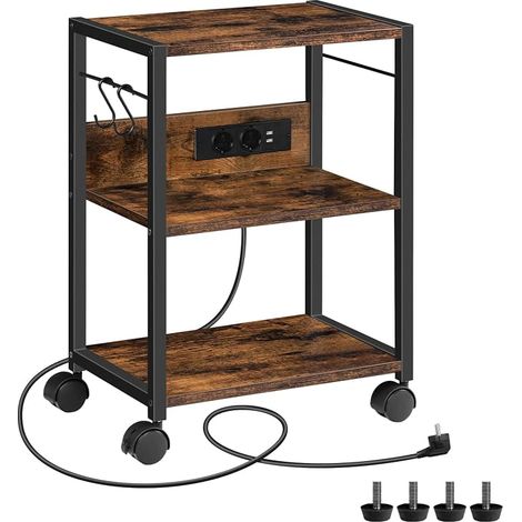 Industrial Style Printer Cart, 3 Tier Rolling Printer Stand, Rolling Shelf with 2 Sockets and 2 USB Ports for Office, Living Room, Rustic Brown and Black (1/5)