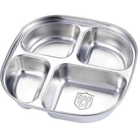Assiette compartimentée en acier inoxydable pour étudiants, assiette de rangement alimentaire multi-compartiments-19.50X19.50X4.50CM-Silver (1/3)