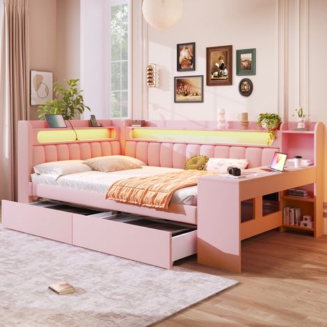 Letto matrimoniale 140x200 cm con 2 cassetti, scrivania, LED e USB, in lino, rosa, senza materasso (1/5)