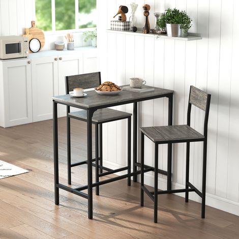 Ensemble Table Bar + 2 Tabourets - Mange-Debout - Repose-Pieds Dossiers - Gris - Espace Repas Moderne. (1/5)