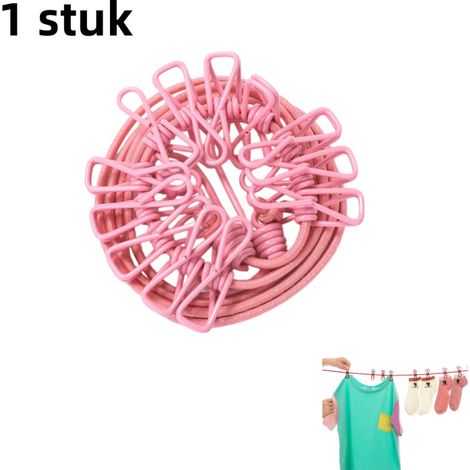1 pièce Corde à linge élastique portable rose avec 12 pinces, étendoir à vêtements de voyage
