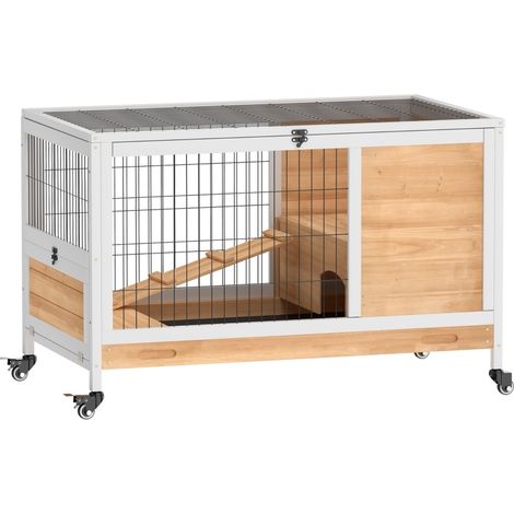 Gabbia per conigli in legno con ruote, tetto apribile, 2 ingressi, 90x53x59 cm (1/5)