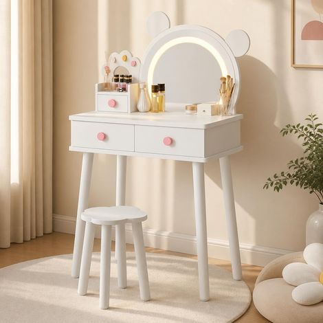 Coiffeuse enfant miroir forme ours LED, lumière 3 couleurs tactile, tabouret inclus, meuble de jeu pour déguisement (1/5)