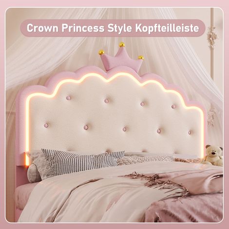 Lit rembourré 140x200 avec sommier à lattes, matelas exclu, éclairage LED télécommandé, style conte de fées, housse en polyuréthane, teinte rose (1/5)
