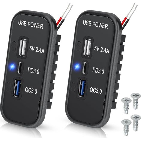 Presa USB da 12 V, porta Type-C PD3.0, caricabatterie QC3.0 e USB-A da 2,4 A, 3 porte, pannello di presa di ricarica rapida per auto/nautica - 2 pezzi (1/5)