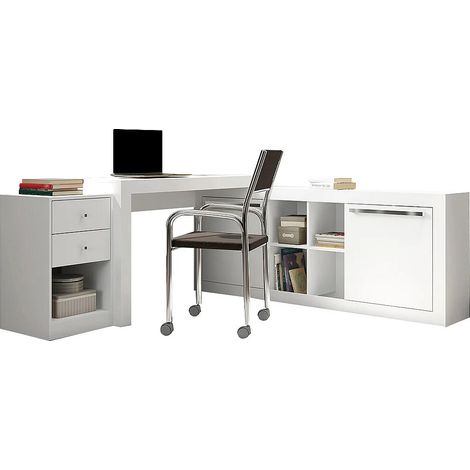 Vente-Unique – Bureau d'angle 2 tiroirs 2 portes – Panneau de particule blanc – Dimensions 159.9x75.3x175.5 cm – Meuble à monter soi-même