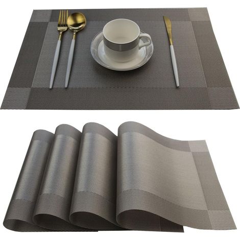 BEBUSINGOTO Sets de table Sets de table en plastique faciles à nettoyer Table de salle à manger de cuisine lavable Sets de table en vinyle tissé résistant à la chaleur 12x18 pouces Lot de 4 (Gris) (1/5)