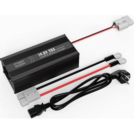 Power Queen – Chargeur de batterie lithium 14,6V 20A – Charge rapide pour batteries LiFePO4 – Indicateur LED – Protection contre surchauffe et courts-circuits