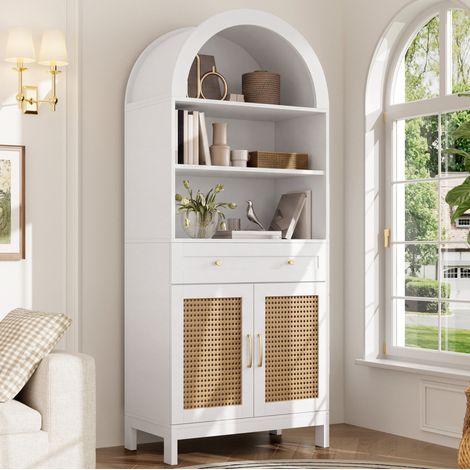 MODFU – Buffet vitrine 70x40x170 cm – Portes style rotin et tiroir – 3 niches ouvertes – Blanc/bois (1/5)
