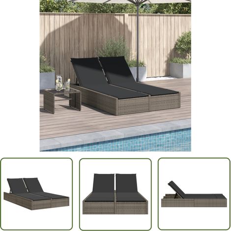 The Living Store Chaise longue double avec coussins gris résine tressée - Chaises Longues Doubles - Chaises Longues Pliantes - Bain De Soleil - Mobilier De Jardin - Jardin Extérieur (1/5)