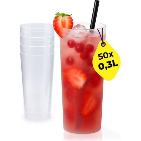 Lot de 50 gobelets à long drink de 0,3 l, réutilisables, empilables, lavables au lave-vaisselle, en plastique sans BPA, parois fines avec trait de repère - Fabriqué en Allemagne (1/5)