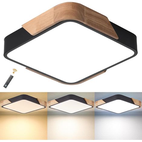 Plafonnier LED de salon 18 W, carré et moderne en bois, pour salon, cuisine, chambre, salle à manger, couloir, balcon, 30 cm x 30 cm, variateur et télécommande [Classe énergétique E] (1/5)