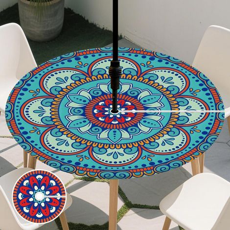 Tischdecke Rund mit Gummizug Ø106cm - Blau Mandala Muster - Abwaschbar & Wetterfest