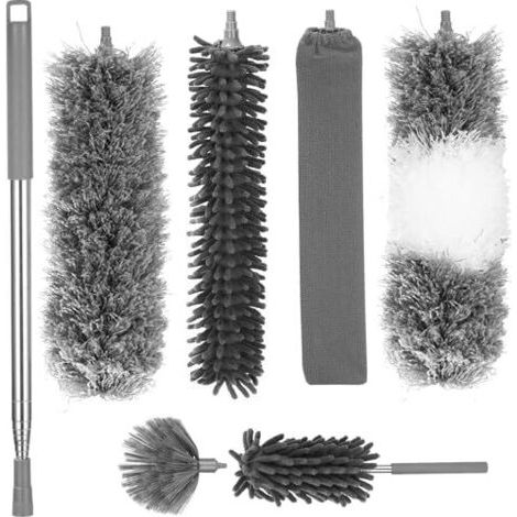 7 Pièces Plumeau Telescopique, Tete De Loup Telescopique Longueur Maximale 27-256 cm, Plumeau Lavable Microfibre, Plumeau Poussiere Telescopique pour Ventilateur de Plafond, Toile D'AraignéE(Gris) (1/5)
