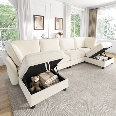 Canapé d’angle modulaire en U 289x137x84 cm, 6-7 places, avec 2 poufs de rangement, chenille beige (1/5)