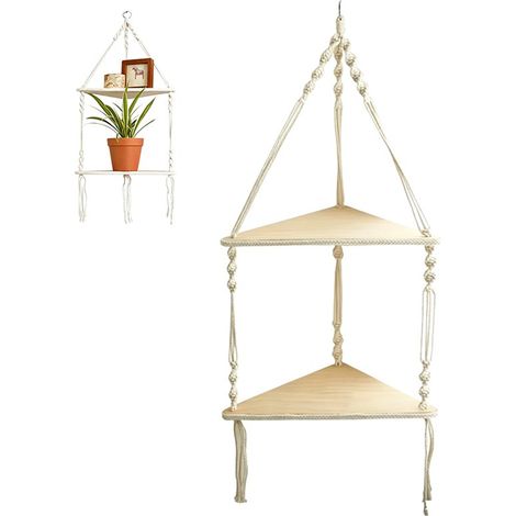 Étagères flottantes, étagères d'angle flottantes, étagère en macramé, étagère d'angle en bois, support pour plantes en macramé, étagère à 2 niveaux, rangement pour objets et décoration (1/5)