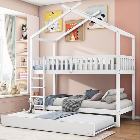 Lit superposé 90x200 cm convertible en 3 lits, avec lit gigogne, en bois, blanc, sans matelas (1/5)