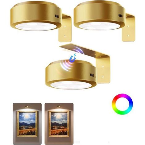 Iluminación de pared para cuadros，iluminación magnética para pósteres con batería recargable，marco dorado (3 piezas) (1/5)