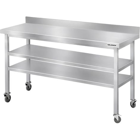 Table de travail en inox Bar 1600x500 mm avec 2 étagères inférieures et dosseret sur roulettes PREMIUM - GOLDINOX (1/4)