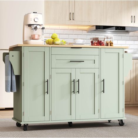 Isla de cocina móvil 120 x 45 cm con encimera extensible, cajón oculto y ruedas verde antiguo OKWISH (1/5)